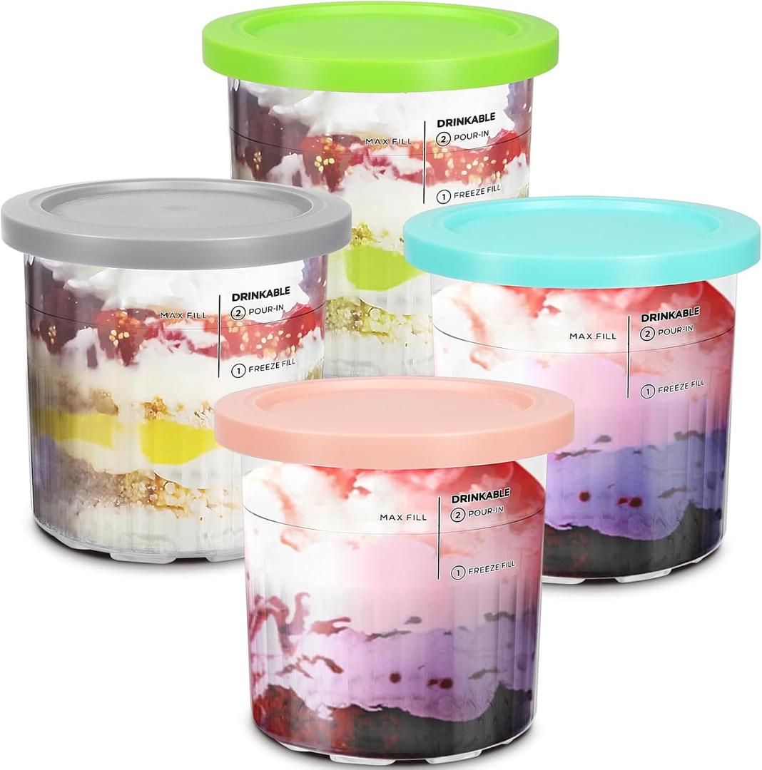 Advantez Replacement For Ninja Creami Deluxe Pints and Lids-4 Pack, 24oz Reusable Ice Cream Containers Dishwasher Safe, Compatible With NC501 NC500 Series 11-In-1 Ninja Ice Cream Maker (grey/pink/blue/green)