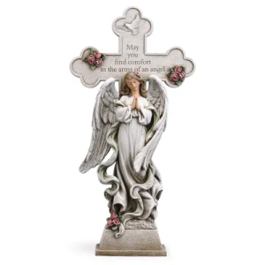 Angel with Memorial Cross Garden Statue, Religious Outdoor Dcor