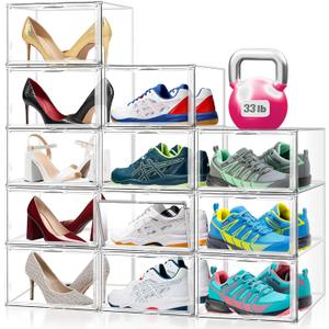 12 Pack Clear Shoe Boxes for Sneakers, Size 12 Acrylic Shoe Storage Under Bed Stackable Handbag Organizer with Magnetic Lid Collection Acrylic Display Case