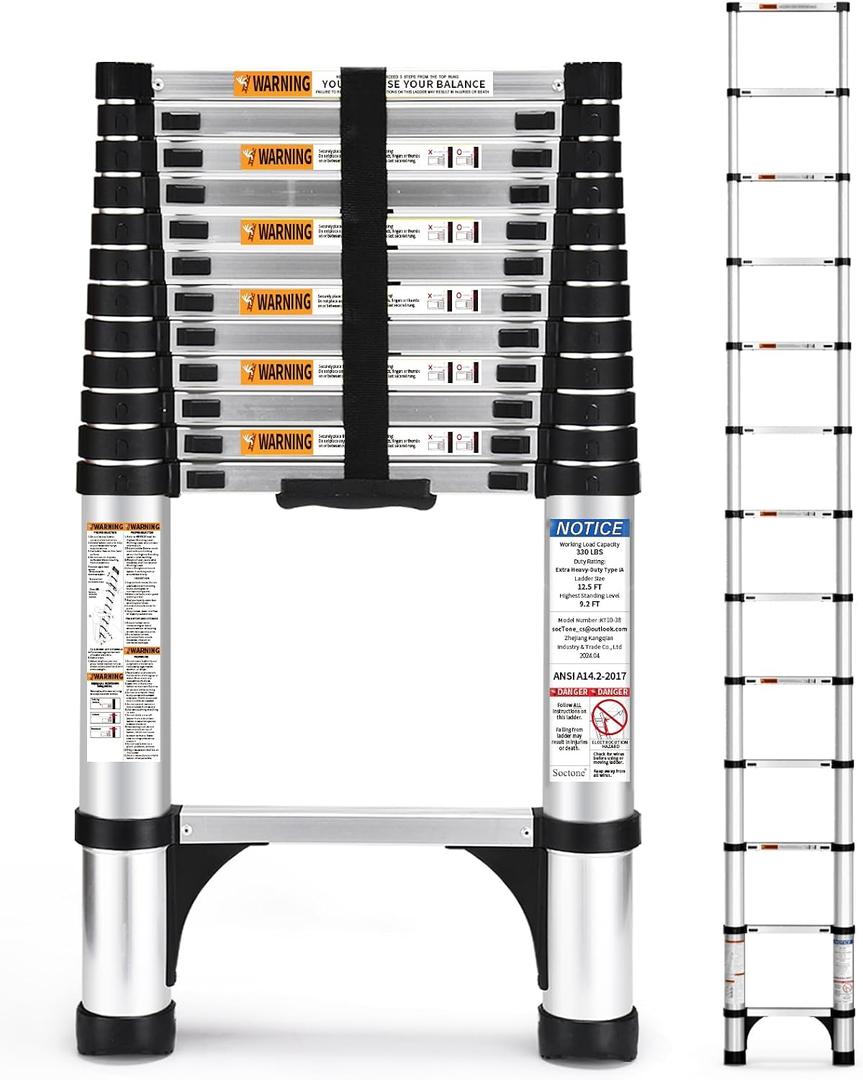 Soctone 12.5FT Telescoping Ladder with Stabilizers, Extension Ladder