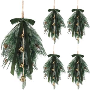 Shihanee 4 Pcs 24" Christmas Teardrop Swag Rustic Door Swag Teardrop Wreath Artificial Norfolk Pine Hanging Garland Greenery with Bell Velvet Bow for Outdoor Mantle Fireplace (Green,23.6 Inch)