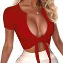 Women's Sexy Tie Up Crop Top Short Sleeve Deep V Neck Casual Basic T Shirt (Red), S
