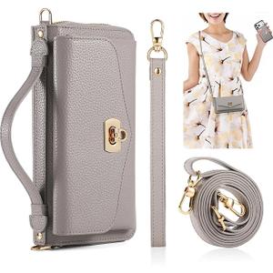 Crossbody Wallet Case for iPhone 17 Pro Max 6.9", Magnetic Detachable PU Leather Phone Case with RFID Blocking Card Holder Wristlet Mirror Flip Zipper Shoulder Purse Clutch for Women - Gray
