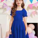 Arshiner Girls Summer Dress Tie Back Short Sleeve Square Neck Tiered Midi Casual Dresses with Pockets (Blue, L)