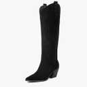 iiimmu Cowgirl Boots Women Knee High Boots Pointed Toe and Block Heel Cowboy Suede and Faux Leather Boots with Embroidered, Size 11, Black