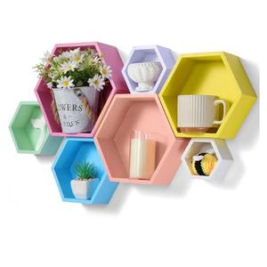 Wooden Hexagon Floating Shelves Decor Octagon Wall Mounted Storage Bookshelf for Living Room Bedroom Office Bee Day Decor(Macaron Color)