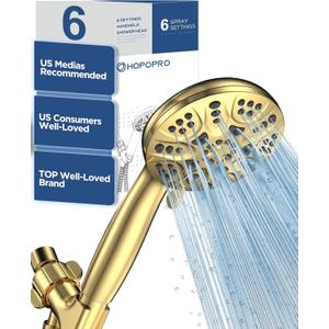 6-Mode High Pressure Handheld Shower Head Set, Consumer Reports Recommended HOPOPRO High Flow Hand Held Showerhead with 59 Inch Hose Bracket Teflon Tape Rubber Washers (Gold)