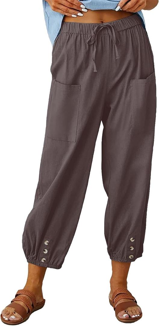 Women's Capri Pants High Waist Drawstring Cinch Bottom with Button Cotton Loose Casual Trouser with Pockets L