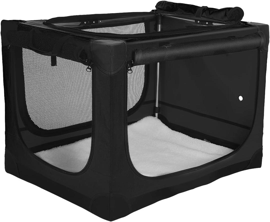 30-Inch Collapsible Travel Dog Crate, Portable 4-Door Soft Kennel for Medium to Large Dogs, Chew-Proof Mesh Windows, Indoor/Outdoor Use, Foldable, with Storage Bag (Black)