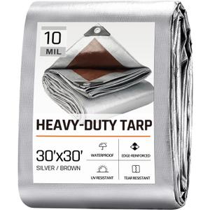 30 x 30 FT Waterproof Heavy Duty Tarp, 10 Mil Thick, Outdoor Furniture Covers, Plastic Insulated Tarpaulin for Camping Tent Roof Boat Patio Pool Cover, Large & Small Multi-Size Tarps, Silver/Brown