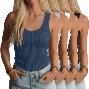 Sweetyweee 4 Pack Women's Ribbed Tanks Cotton Racerback Tank Tops Scoop Neck Summer Lady Slim Fit Sleeveless Tops Shirts(Small,Black, White, Hazy Blue, Light Mottled Gray)