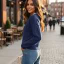 V Neck Sweaters for Women, Long Sleeve Lace Trim Knit Sweater Fall Casual Lightweight Pullover Top Navyblue
