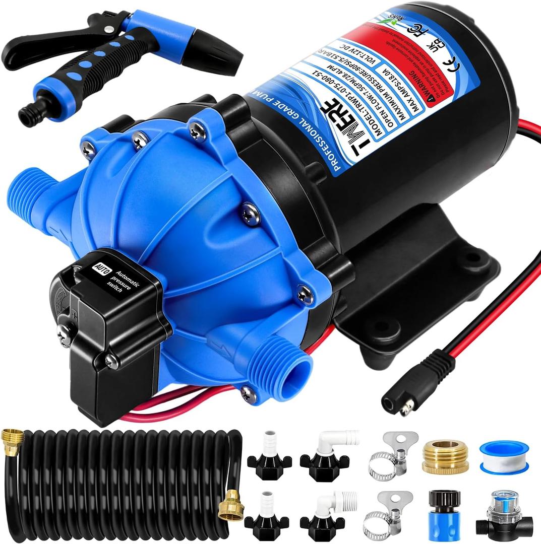 7.5 GPM 80 PSI Washdown Deck Wash Pump Kit, 12V Washdown Pump Kit with Strainer and Pressure Switch for RV,Boat,Sprayer,Travel Trailers,and Yacht -Freshwater Saltwater