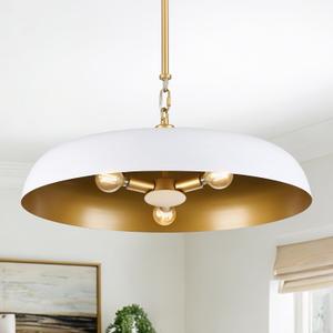 Large Pendant Light 20in White and Gold Dome Pendant Lights 3 Light Socket Pendant Light Fixture with Rod Pendant Lighting for Kitchen Island Dining Room Kitchen Sink, E12