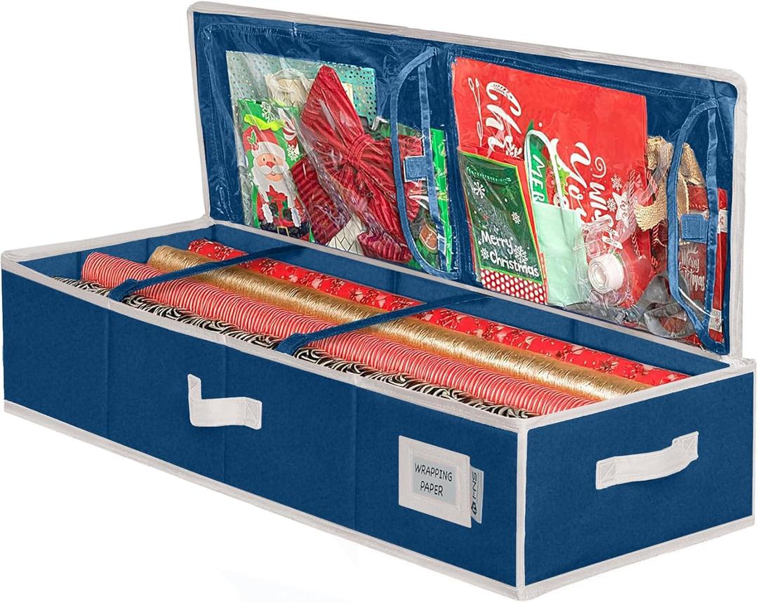 2 x HOLDN STORAGE Premium Wrapping Paper Storage Container - Durable 600D Tear-Proof, Fits 27 Rolls Gift Wrap, Extra Pockets for Ribbons & Bows, Underbed Storage - Ideal for Holiday Christmas, Blue