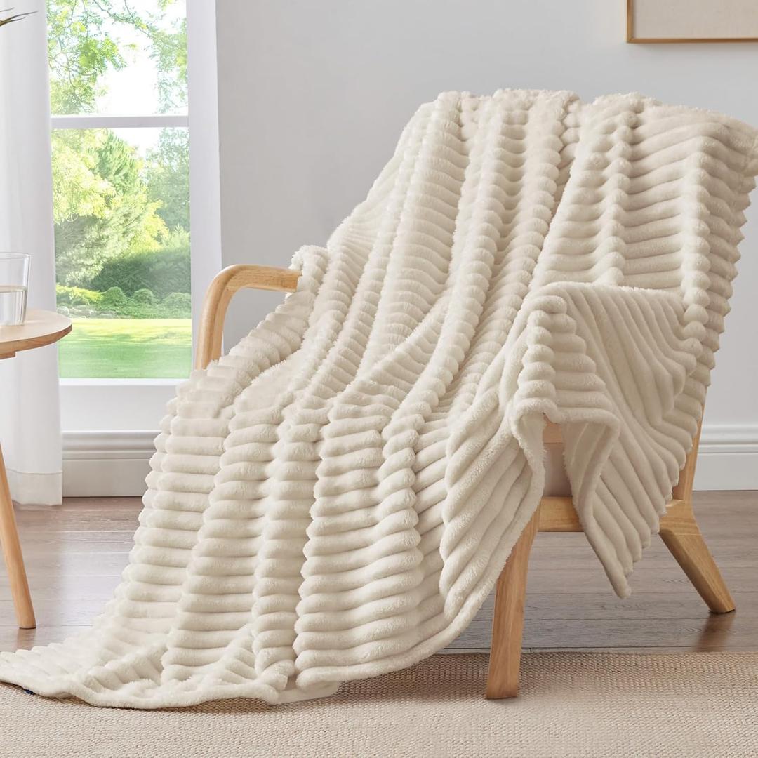 BEDELITE Fleece Throw Blanket for Couch - 300GSM Soft & Warm Fluffy Beige Blanket, Decorative and Giftable Striped Blankets for Women, Men, 50"x60"