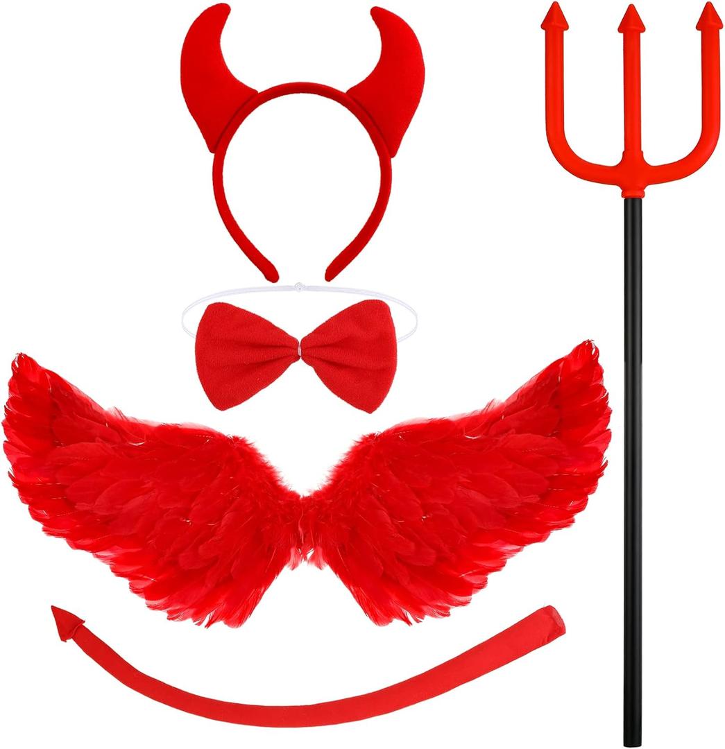 5 Pcs Halloween Devil Costume Set Devil Horns Headband Devil Tail Cosplay Wings Bow Tie Devil Fork Red Costume Accessories for Cosplay Party