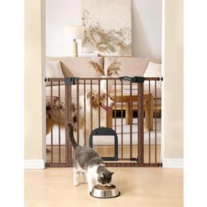 Babelio Baby Gate with Adjustable Cat Door, CatPrivilege III, 29-43" | Auto-Close, Pressure Mounted, Dual Lock, Durable Dog Gate For Stairs & Doorways, Keeps Pets Contained, Black Wood Pattern