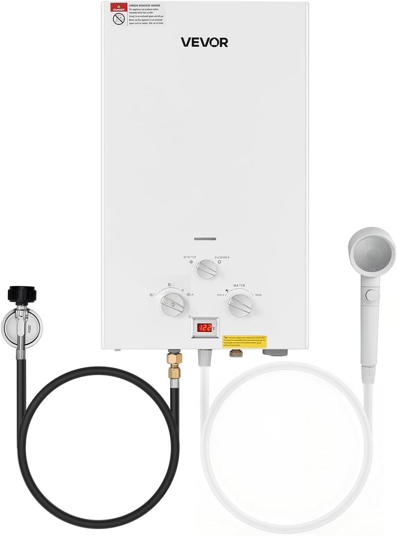 VEVOR Portable Propane Water Heater, 10L Tankless Outdoor Water Heater, 68000 BTU 2.64 GPM Instant Hot Water, with Accessory Set + Regulator for RV Camping Trips Cabins Barns