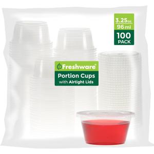 Freshware Plastic Portion Cups with Lids [3.25 Ounce, 100 Sets] Disposable Plastic Cups for Meal Prep, Salad Dressing, Jellos Shot Cups, Souffle Cups, Condiment and Dipping Sauce Cups