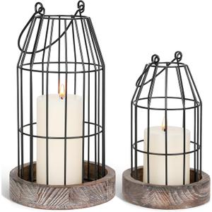 Rustic Wire Metal Cloche Set of 2 Candle Lantern Decorative Indoor Outdoor Vintage Cage Candle Holders Modern Farmhouse Decor for Fireplace Mantle Entryway Living Room Kitchen Coffee Table Centerpiece (Black/Brown)