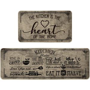 Artoid Mode Kitchen Quotes Kitchen Mats Set of 2, Seasonal The Kitchen is The Heart of The Home Cooking Sets Holiday Party Low-Profile Floor Mat - 17x29 and 17x47 Inch (Beige)