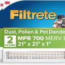 Filtrete 21x21x1 AC Furnace Air Filter, MPR 700, MERV 8, Tough on Pollen, Easy on Airflow, 3-Month Pleated 1-Inch Electrostatic Air Cleaning Filter, 2-Pack (Actual Size 20.81 x 20.81 x 0.81 in)