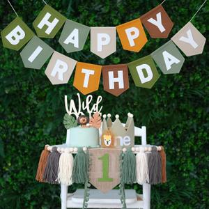 Wild One High Chair Banner Brown Green Felt Happy Birthday Banner Pre-Strung Jungle Safari Birthday Party Decorations For 1st Boy Party Backdrop