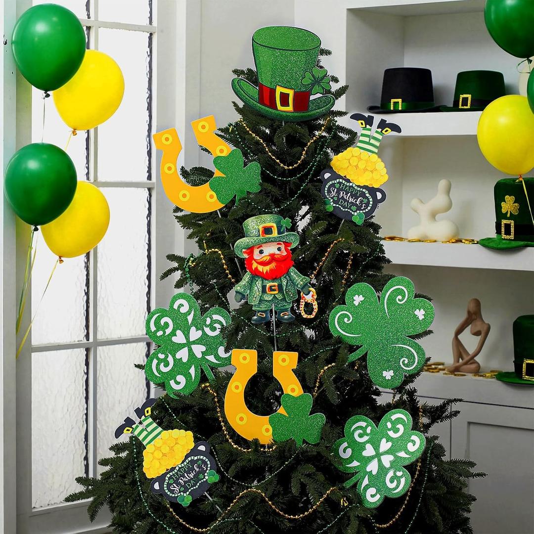 Halloscume 12 Pcs St. Patrick's Day Tree Decorations Ornaments Large Glitter St. Patricks Day Tree Picks Irish Shamrock Horseshoe Hat Ornaments for Irish St. Patrick's Home Office Party Spring Decor