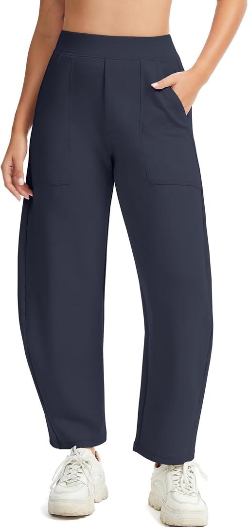 Womens Baggy Wide Leg Pants Barrel Leg Sweatpants Casual Elastic Waisted Stretch Travel Pants with Pockets (Medium, Navy Blue)