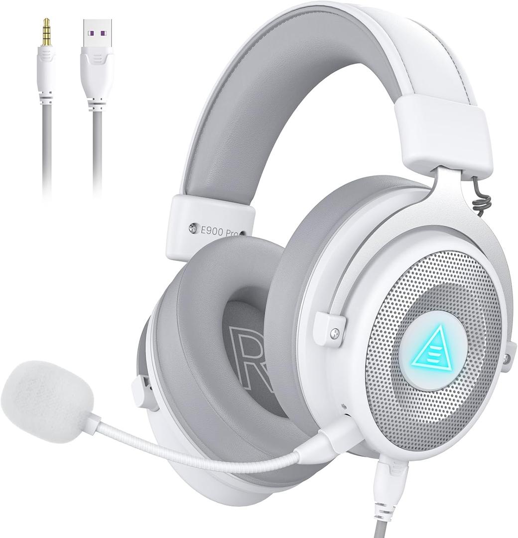 EKSA USB Gaming Headset for PC, Computer Headphones with Detachable Noise Cancelling Microphone, 7.1 Surround Sound, 50MM Driver, Wired Headset with Mic for PS4/PS5, Xbox One, Laptop, Work (White)