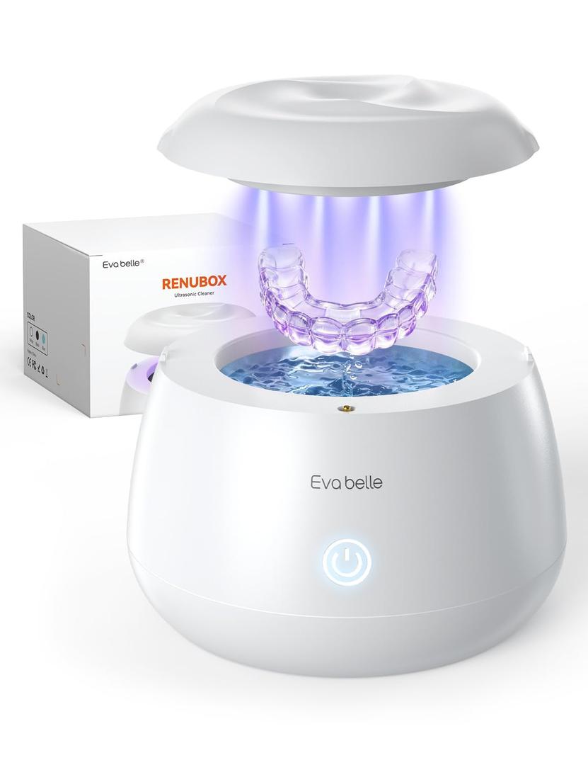 Ultrasonic Retainer Cleaner, EVA BELLE Rechargeable Denture Cleaner Machine, Tooth Cleaner MouthGuard Cleaner, Portable Retainer Cleaner for Night Guards, Braces, Aligner, Toothbrush, Jewelry and More (White)
