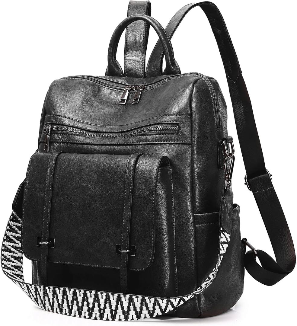 WYFJNX Fashion Backpack Purse for Women, Black PU Leather Backpack Purse Medium Size, Convertible Shoulder Bags Handbag, Suitable for Women for Shopping, Traveling, Work