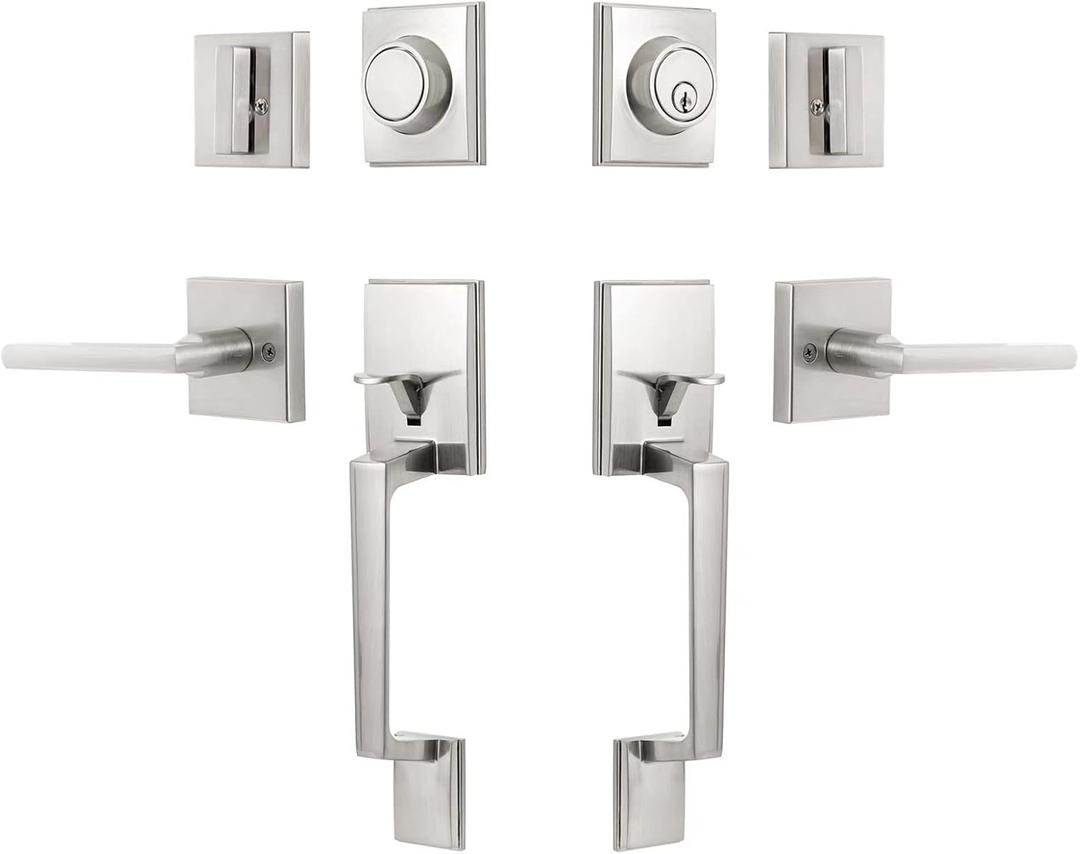 NeuType Front Door Handle Set Satin Nickel Double Door Handle Set with Dummy Heavy Duty Double Door Lock Set, with Single Cylinder Deadbolt and Lever Handle, Compatible with Right & Left Handed Doors