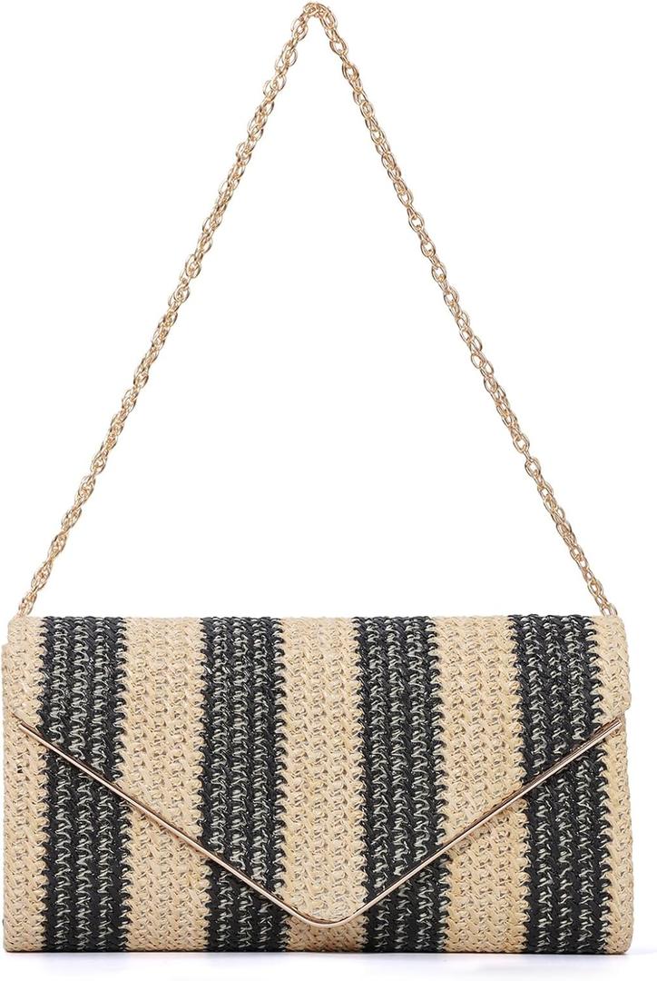 Fecialy Straw Striped Clutch Purses for Women Woven Envelope Handbag Straw Summer Beach Shoulder Bags Wallet (Black)