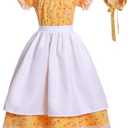 Girls Pioneer Prairie Costume Dress Kids Floral Colonial Village Costumes (Large, Yellow - Short Sleeves)