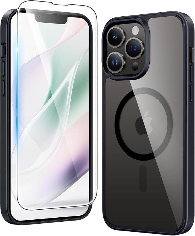 FNTCASE for iPhone 13 Pro Case: Clear Magnetic Phone Cases with Screen Protector Compatible with Magsafe Slim Anti Yellowing Rugged Shockproof Protective Transparent Cell Phone Cover (B-Black)
