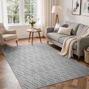 GENIMO Soft Washable Area Rugs 5x7, 3D Geometric Rugs for Living Room, High-Low Pile Textured Non Slip Fuzzy Shag Carpet, Non-Shedding Stain Resistant Thin Light Grey Carpet for Bedroom, Dining Room