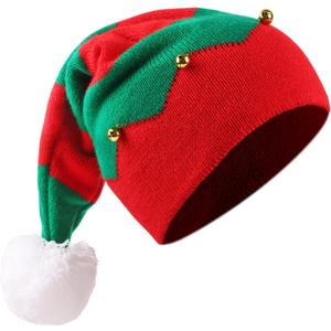 FOIMAS Christmas Knitted Hat, Knitted Christmas Elf Santa Hat with Jingle Bells and Pom Pom for Unisex Adults Xmas Holiday Winter Party Supplies, Red and Green