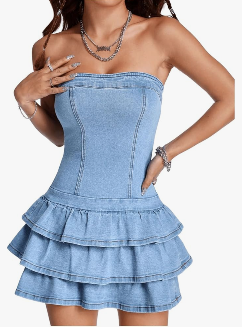 WDIRARA Women's Strapless Layered Ruffle Denim Dress Bandeau Slim Fit Mini Dresses, Blue, S