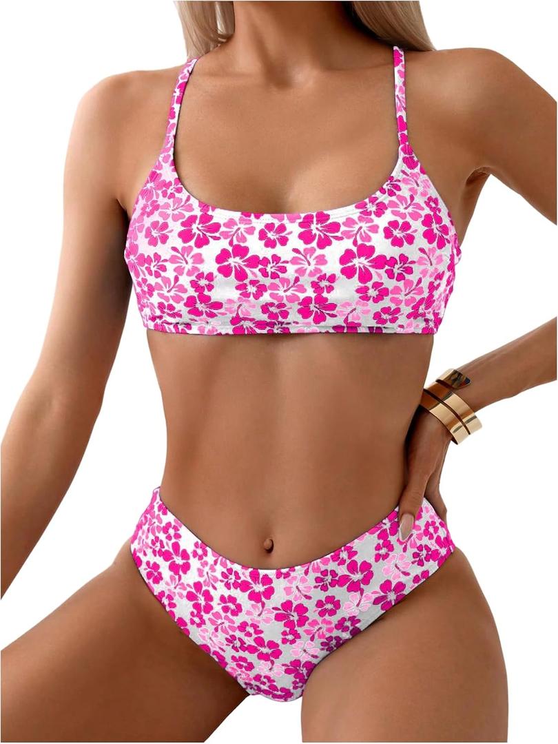 SweatyRocks Women's Floral Print Bikini Set High Cut Boho Swimsuit Two Piece Bathing Suit, Medium