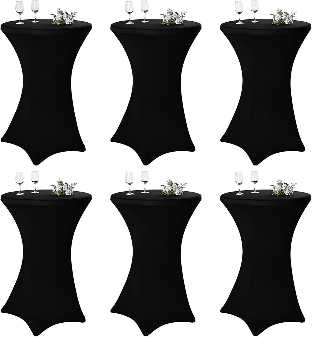 Pesonlook 6 Pack Cocktail Table Covers, 32"x43" Black Fitted Spandex Stretch Tablecloth with Square Corners, High Top Round Cocktail Tablecloth for Bar Wedding Party Banquet Round Table(Black)