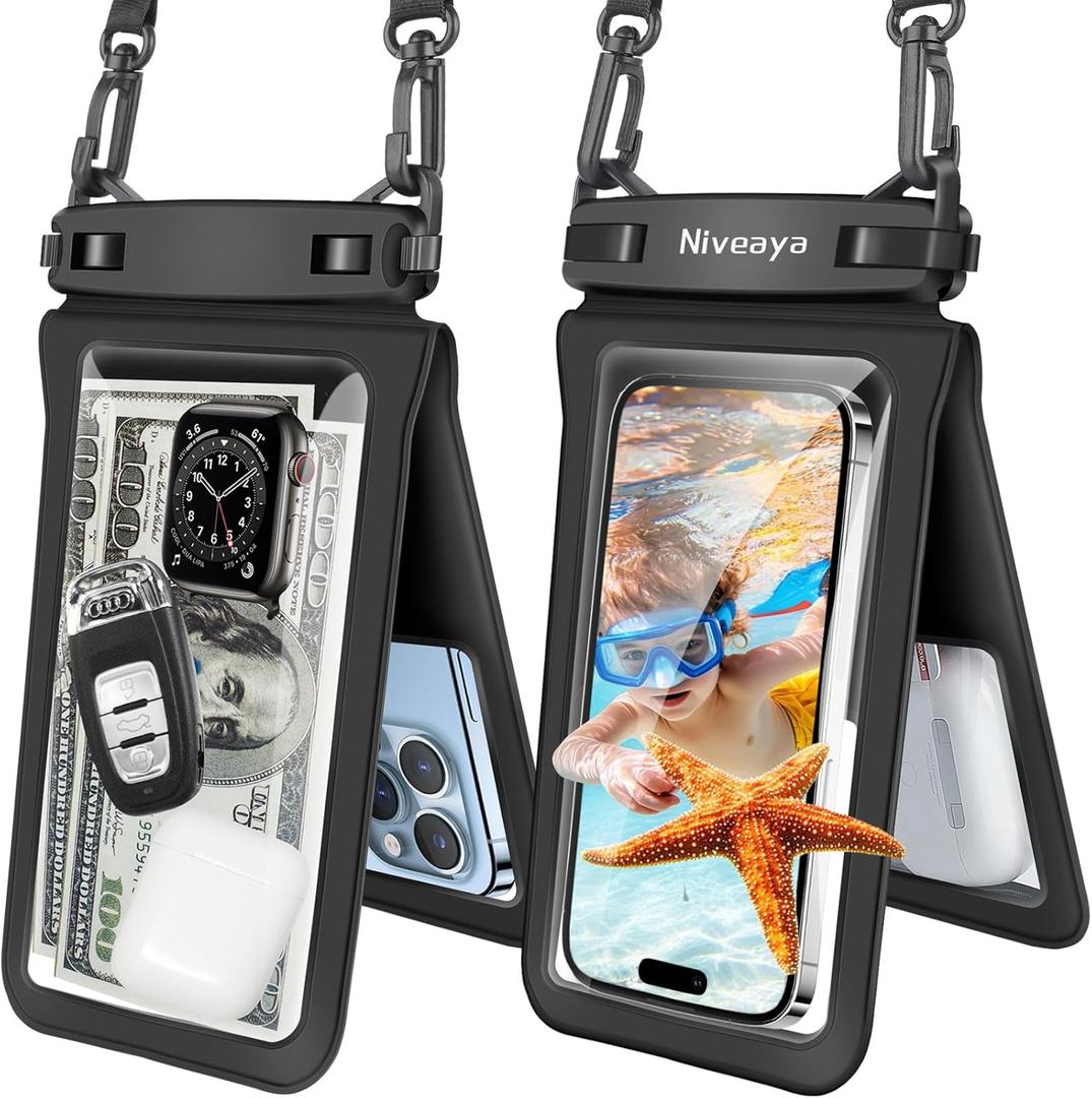 Niveaya Double Space Waterproof Phone Pouch - 2 Pack, Waterproof Phone Lanyard Case with iPhone 16/15/14/13/12 Pro Max up to 8.3", Phone Dry Bags for Vacation Beach Pool Kayak Cruise Travel Essentials (Black+ Black)
