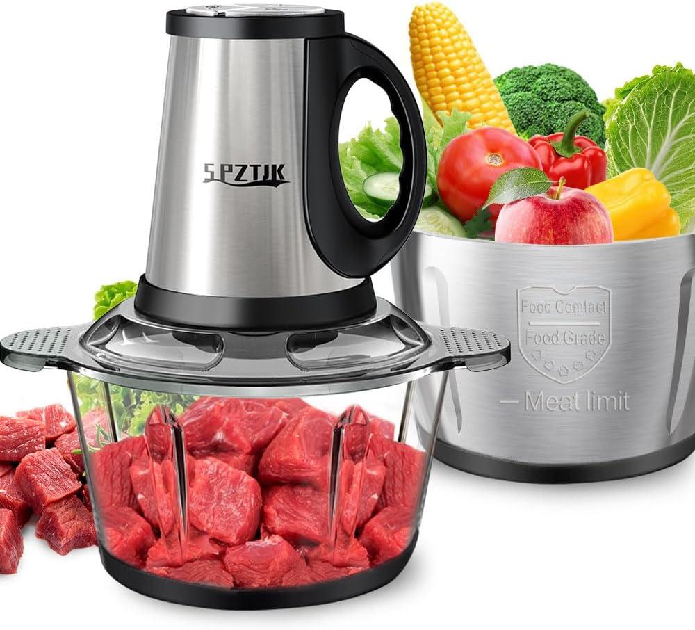 3-Speed Electric Food Processor: Meat Grinder, Vegetable Chopper & Baby Food Maker - 300W, 2 Bowls (8 Cup Stainless Steel+8 Cup Glass), Quiet Operation