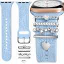 Watch Band Charms (Band Included), Compatible with Apple Watch Band 38mm 40mm 41mm 42mm(S10), Floral Engraved Silicone Straps Accessories for iWatch Bands Ultra 3 2 1 Series se 11 10 9 8 7 6 5 4 3 2 1 (SkyBlue Band/Silver Diamond Rings)