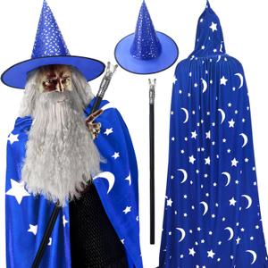 Hicarer 4 Pcs Halloween Wizard Costume Set Include Wizard Hat Cloak Wig Beard Wand Costume Accessories for Adults (Blue)