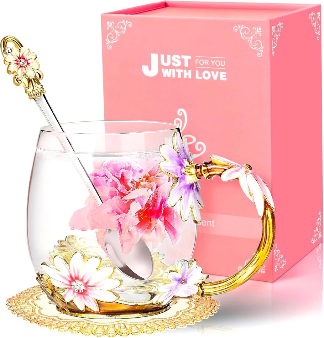 Wisolt Birthday Gifts for Women Mothers Day Gifts for Her Mom Grandma Teacher Friend Anniversary Christmas Valentines Day Glass Coffee Mug with Spoon