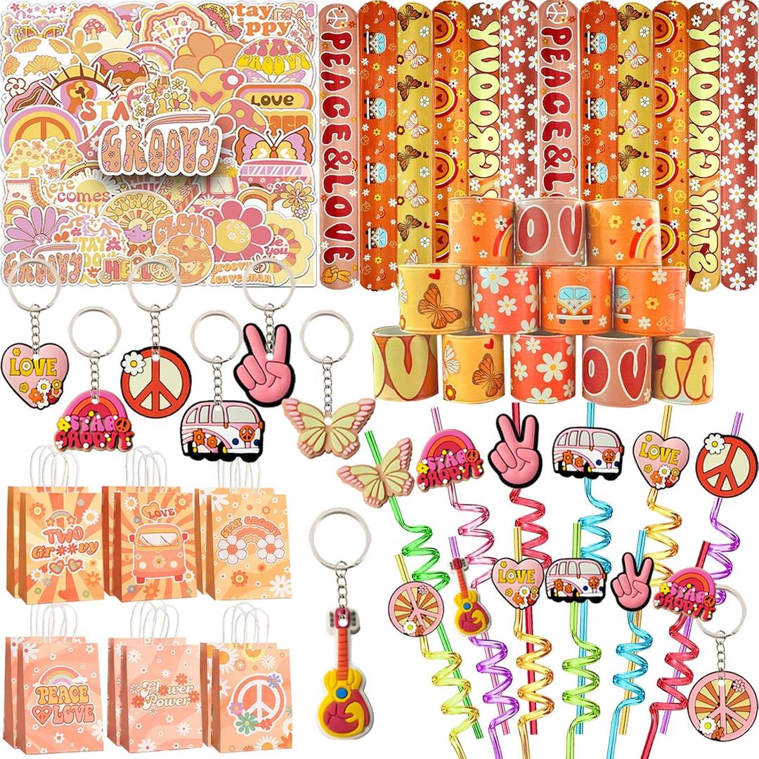 110PCS Groovy Party Favors Set Retro Hippie Birthday Decorations Supplies Gift Bags Hippie Boho Party Favors Boho Themed Birthday Party Shower Classroom Rewards