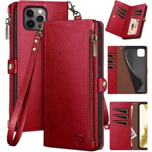 XcaseBar for iPhone 15 Pro Max 6.7" Wallet case with Zipper Credit Card Holder RFID Blocking,Flip Folio Book PU Leather Shockproof Protective Cover Women Men for Apple 15 ProMax Phone case Red