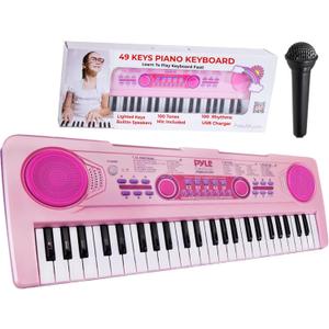 Pyle Electric Keyboard 49 Keys  Portable Digital Piano with 100 Rhythms, 100 Tones, 50 Demo Songs, Rechargeable Battery, Wired Microphone  Beginner Keyboard for Kids and Adults, Pink (PKBRD4912PK.3)
